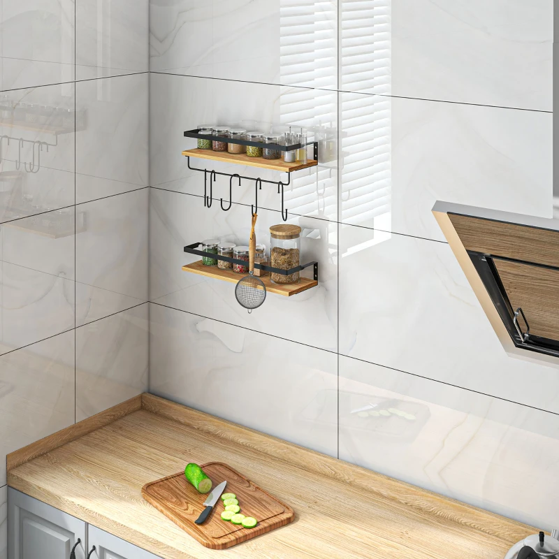 HOMCOM Lot de 2 étagères murales avec 6 crochets amovibles et tringle, style industriel pour cuisine, salle de bain, bois acier