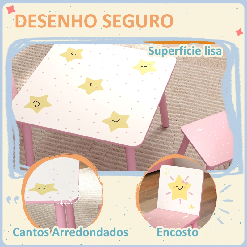 AIYAPLAY Mesa e Cadeiras para Crianças de 3 Peças Mesa Infantil com 2 Cadeiras em Madeira com Desenhos de Estrelas e Sol Rosa