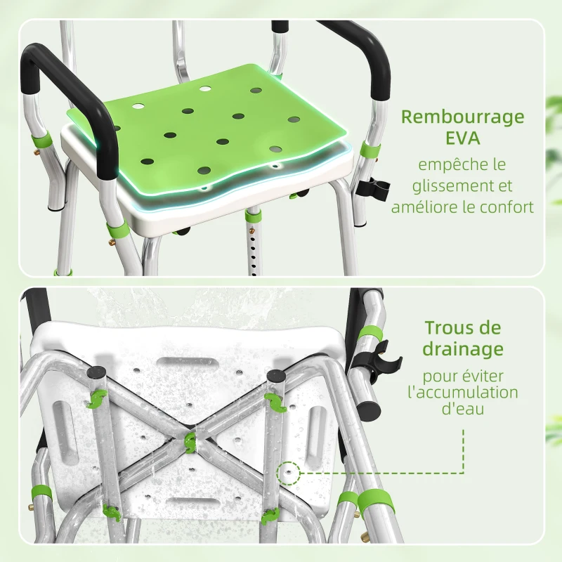 HOMCOM Tabouret de douche chaise de douche ergonomique hauteur réglable pieds antidérapants 56,5 x 53,5 x 87 cm blanc et vert