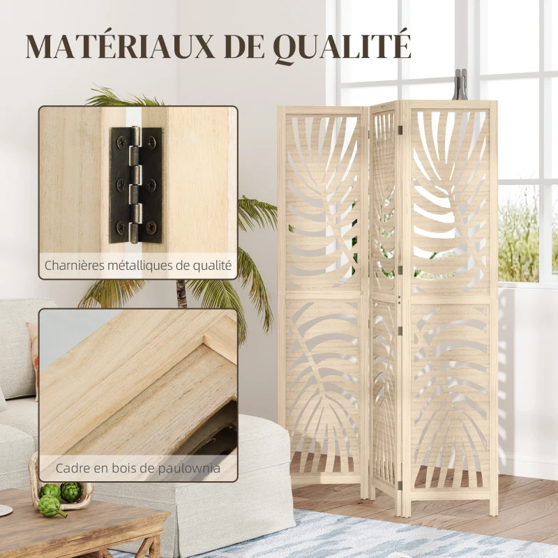 HOMCOM Paravent interieur en bois 3 panneaux 120 x 170 cm, pliable et portable, motif de feuille, design amovible, bois naturel