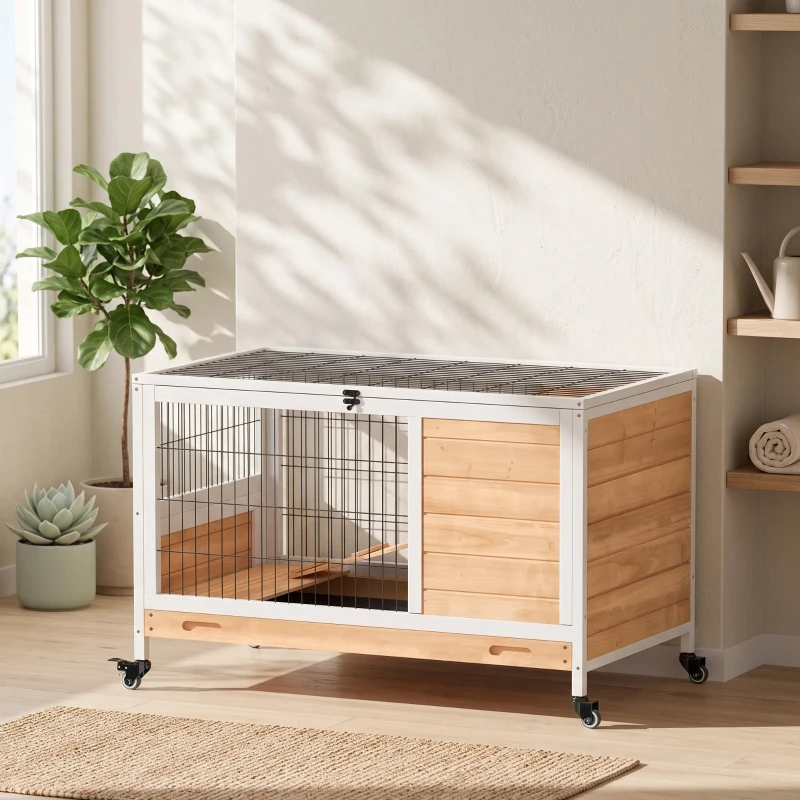 PawHut Clapier lapin intérieur clapier pour cochon d'inde en bois avec toit ouvrant et roulettes 90 x 53 x 59 cm jaune et blanc