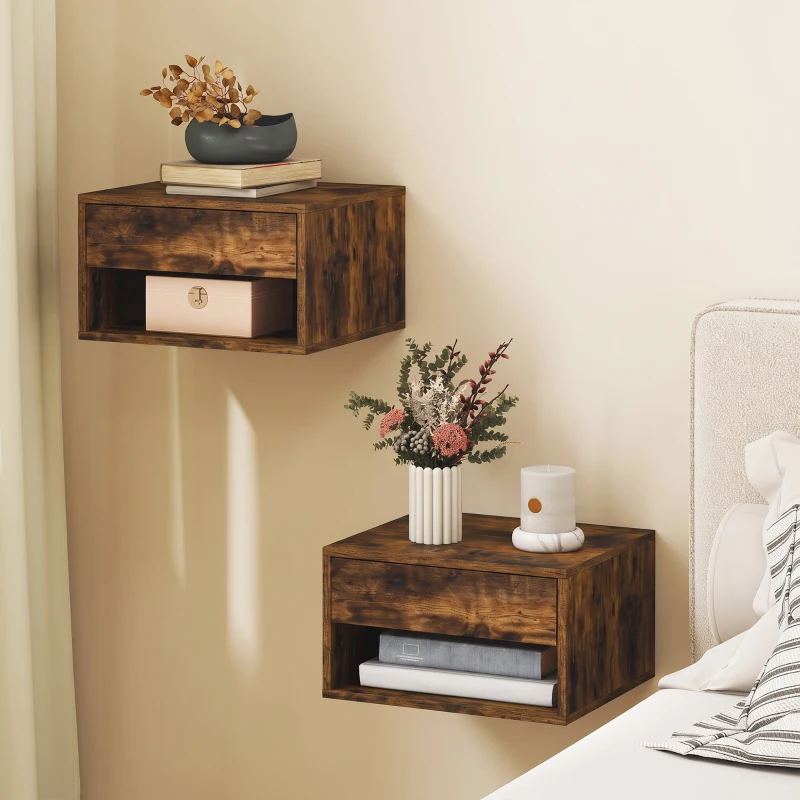 HOMCOM Set of Two Floating Bedside Tables - Rustic Brown