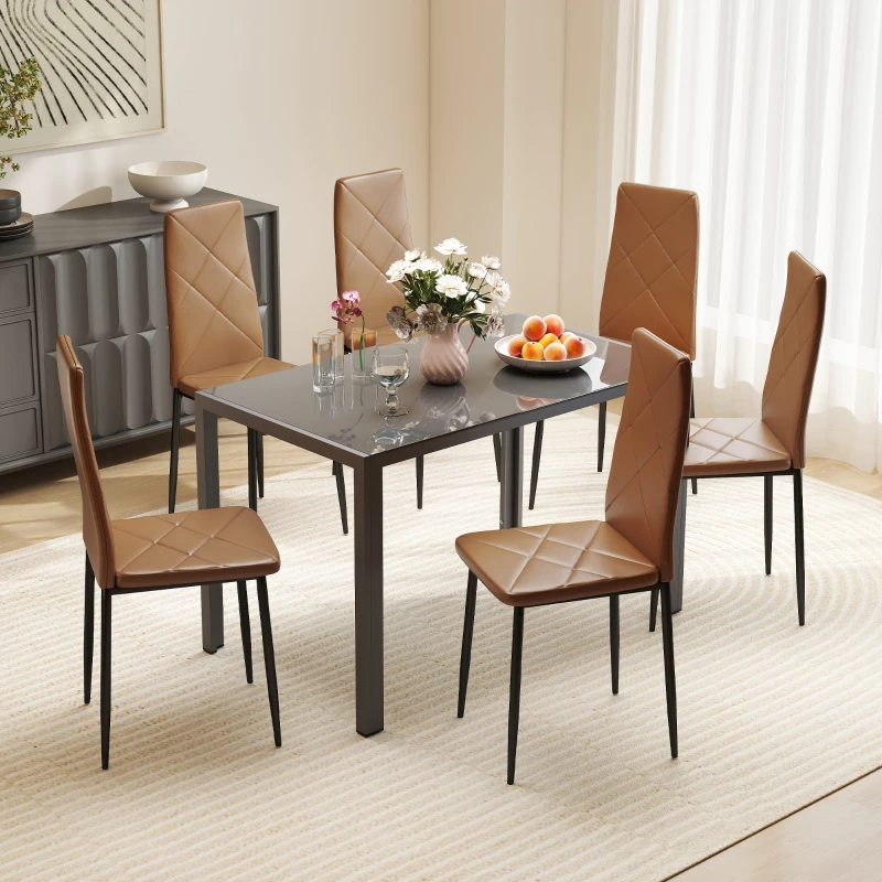 HOMCOM Set di 6 Sedie da Pranzo Moderne con Schienale Alto in Finta Pelle e Acciaio, 41x50x97 cm, Marrone