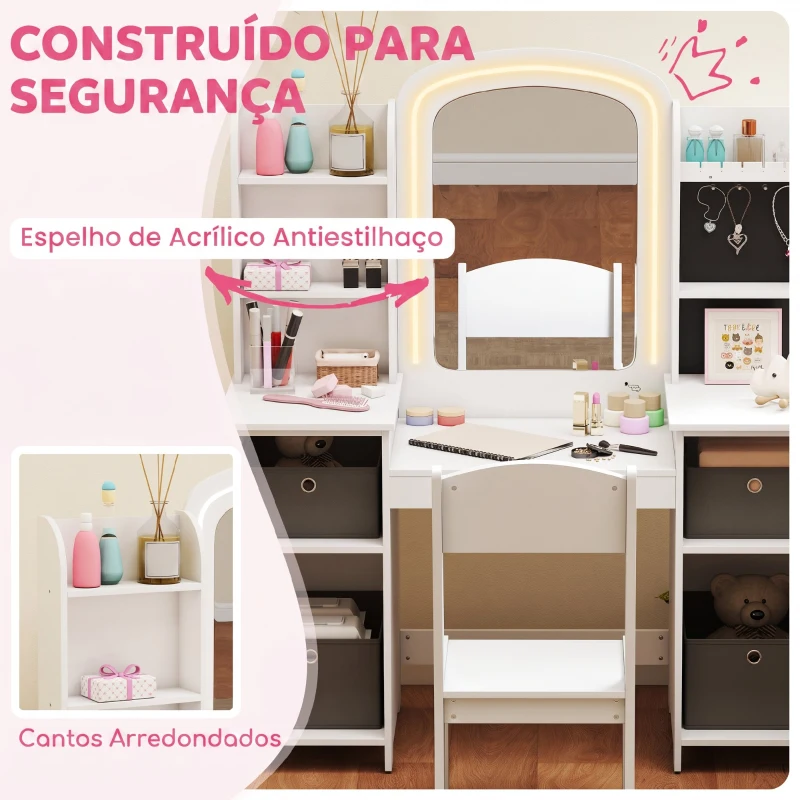 AIYAPLAY Penteadeira Infantil com Espelho LED, Cadeira, Gavetas em Tecido, Ganchos para Joias e Prateleiras, 3-8 Anos, Branco