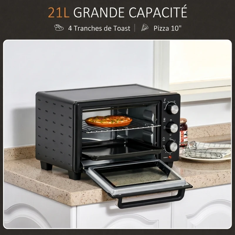 HOMCOM Mini four 1400 W 21 L - thermostat 230°C max - minuteur 60 min - 3 modes de cuisson - 4 accessoires inclus - acier inox. métal verre trempé noir