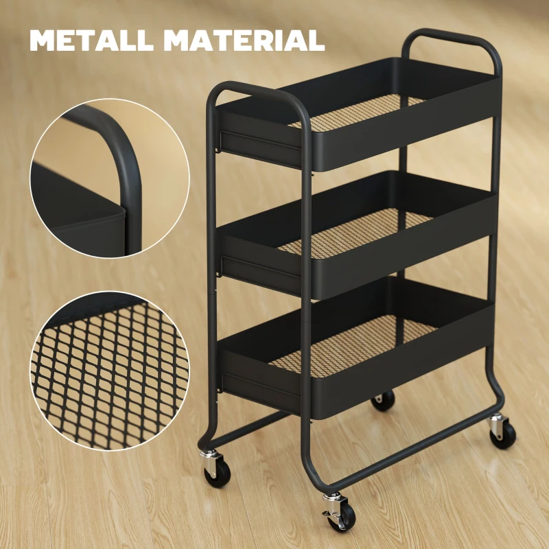 HOMCOM Küchenwagen, 3 Körbe, 4 Rollen, Metall, Schwarz