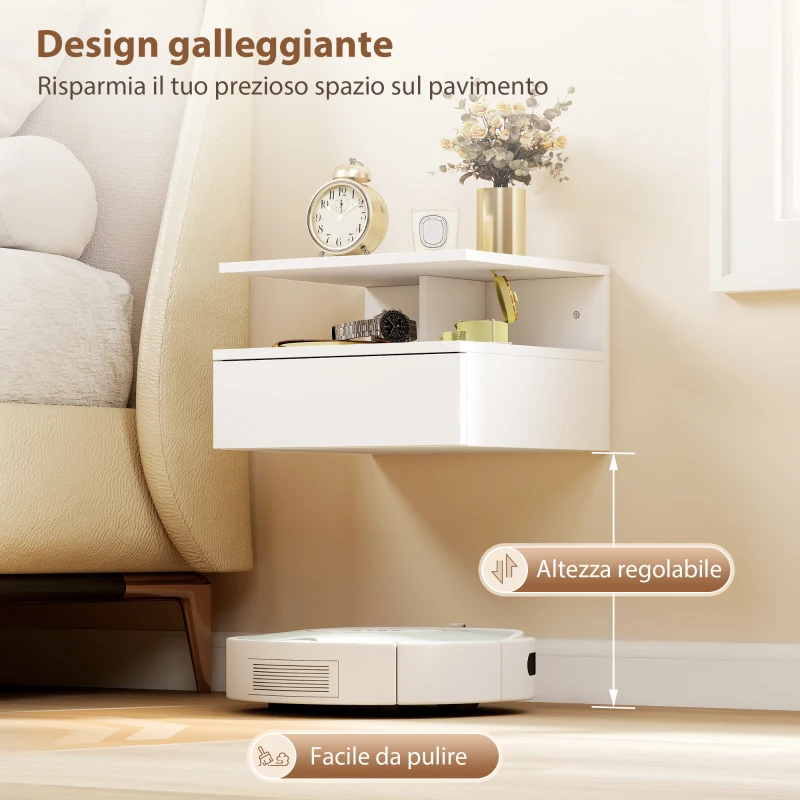 HOMCOM Set di 2 Comodini Sospesi con Cassetto e Mensola Aperta, 35x32x22.5 cm, Bianco