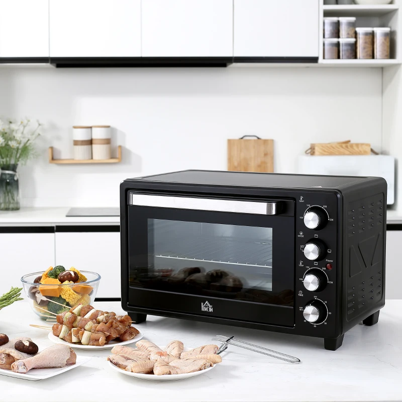 HOMCOM Mini four 1600 W 32 L - thermostat 230°C max - minuteur 60 min - 3 modes de cuisson - 4 accessoires inclus - acier inox. métal verre trempé noir