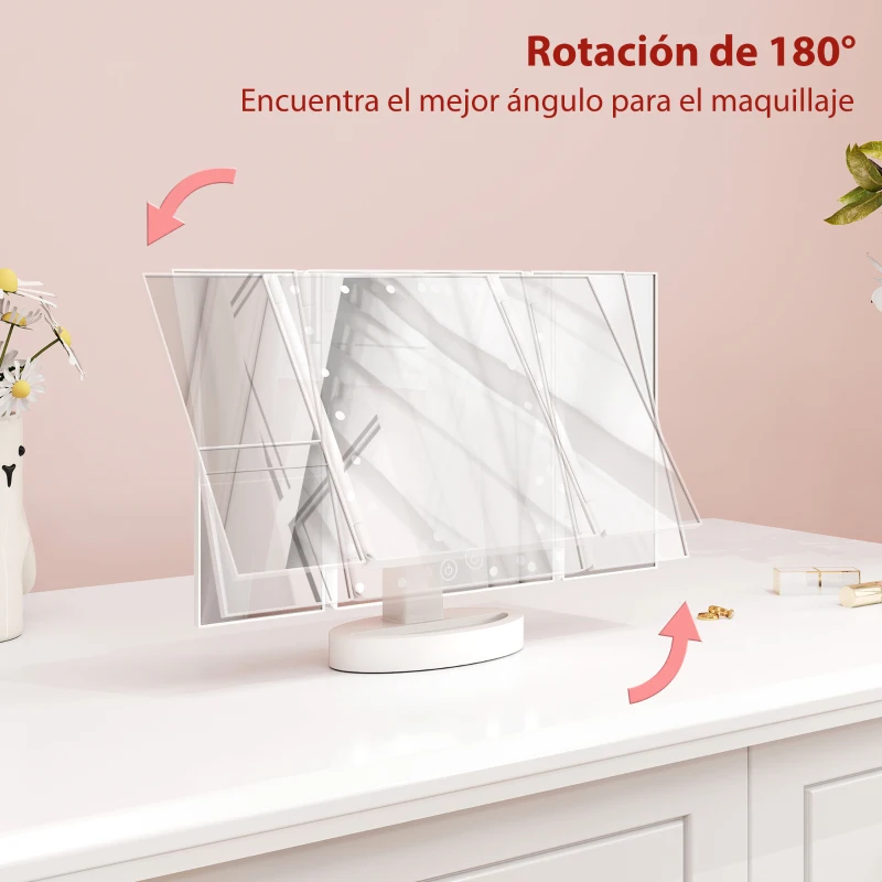 HOMCOM Espejo Maquillaje con Luz Aumento 1X/2X/3X Rotación Libre de 180° 21 Luces LED Interruptor Táctil Blanco