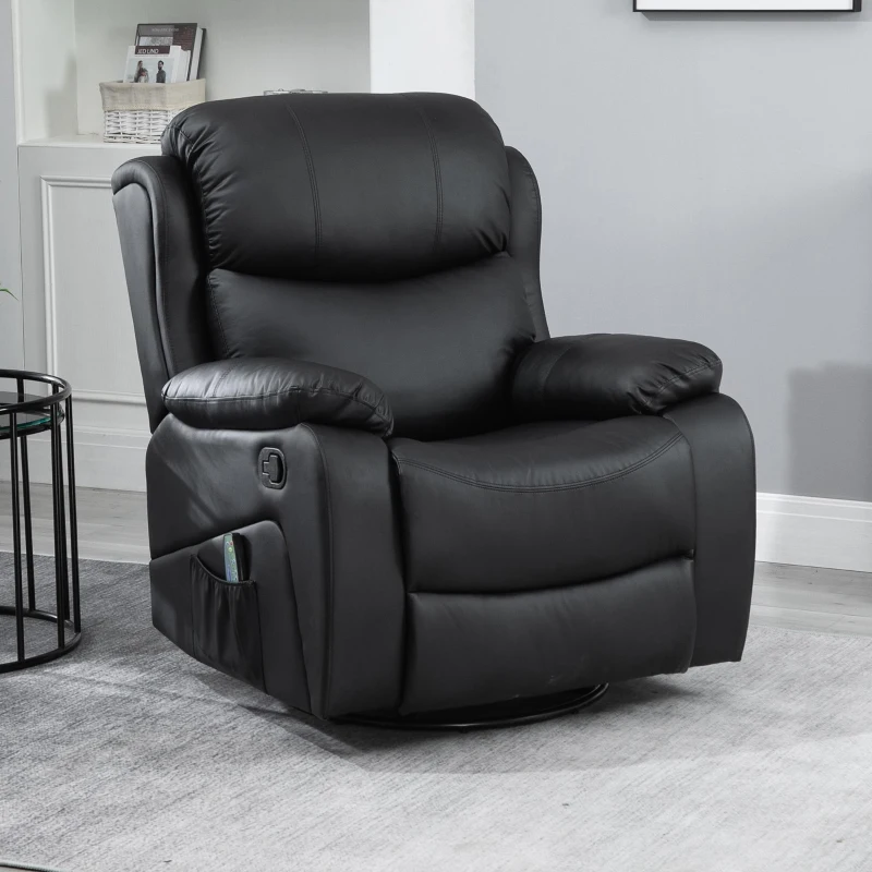 HOMCOM PU Leather Reclining Chair with 8 Massage Points and Heat, Manual Recliner with Swivel Base, Footrest and Remote, Black