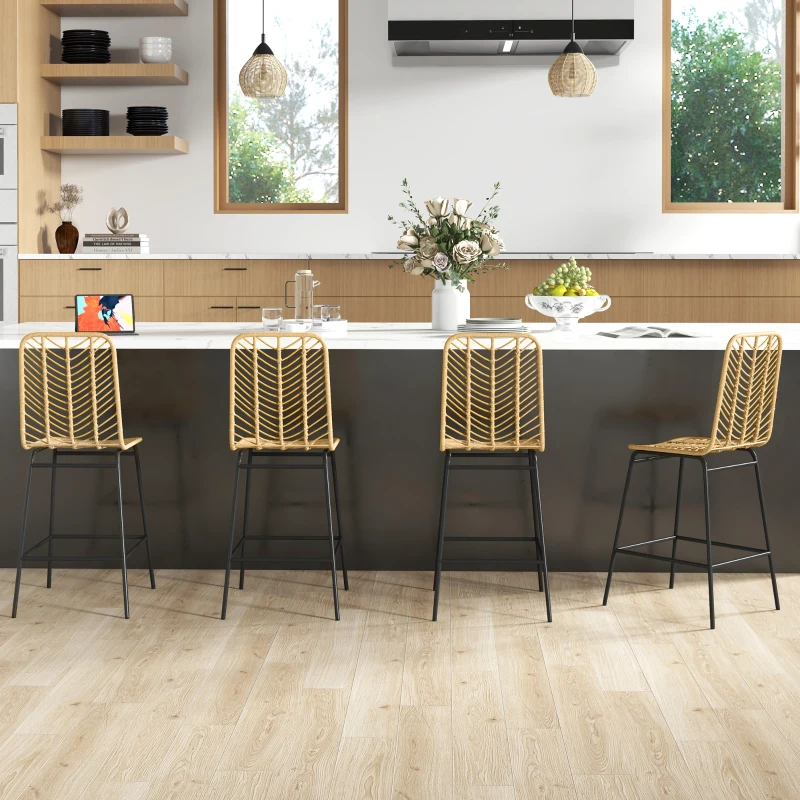 HOMCOM Lot de 4 tabourets de bar, chaises de bar, dossier en cannage et repose-pieds, cadre en acier, 42,5x52x102cm, jaune