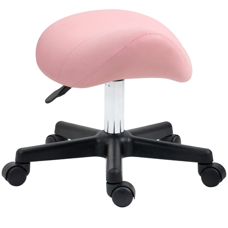 HOMCOM Saddle Stool, PU Leather Adjustable Rolling Salon Chair with Steel Frame for Massage, Spa, Beauty and Tattoo, Pink