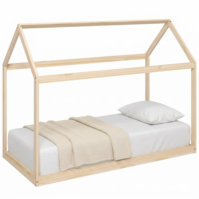 HOMCOM Single Bed Frame, House Scandinavian Wooden Bed Frame for 90W x 190Dcm Mattress, Pine Wood Bed Base, Natural Wood Finish