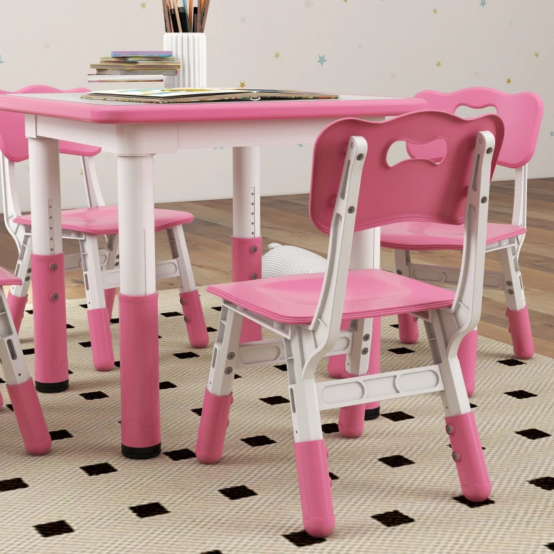 AIYAPLAY Set Tavolo e Sedie per Bambini 5pz con 4 Sedie Regolabili 32x36x52.5-56 cm e Tavolo 60x60x46-58 cm, Rosa