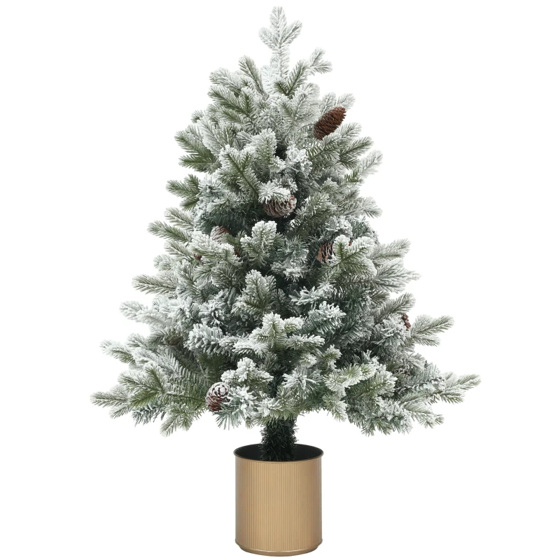 HOMCOM Weihnachtsbaum mit Tannenzapfen, schneebedeckt, flammenhemmend, stabil, Ø60 x 100H cm, Grün/Gold