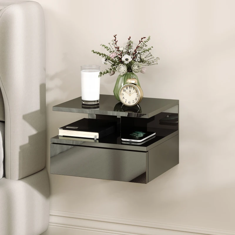 HOMCOM Set da 2 Comodini Moderni Sospesi con Cassetto e Mensola in Legno 35x32x22.5cm, Nero Lucido
