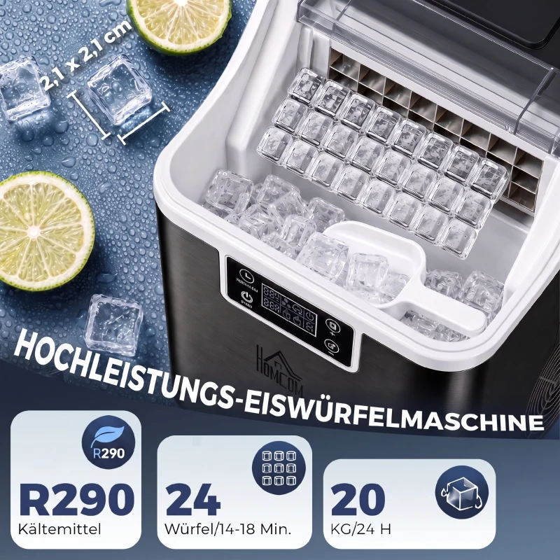 HOMCOM Eiswürfelmaschine Eiswürfelspender Ice-Maker 20kg/24h 2,3L Eiswürfelbereiter mit 3,2 L Wassertank, Schwarz(m-4)