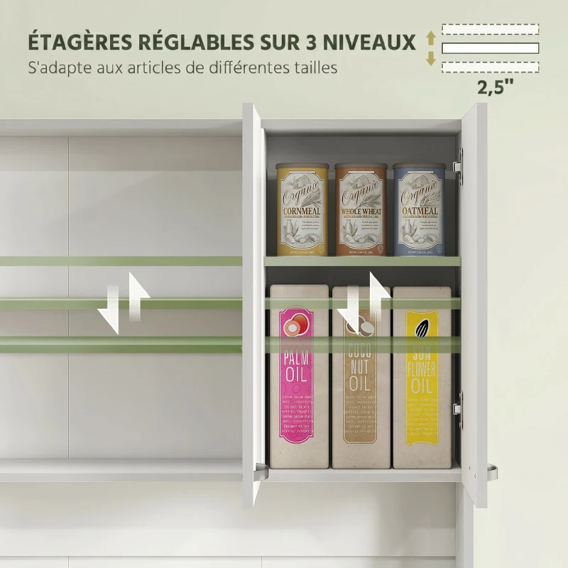 HOMCOM Buffet de cuisine armoire de cuisine contemporaine multi-rangements 6 portes 1 tiroir + grand plateau dim. 101L x 39l x 180H cm panneaux particules blanc gris