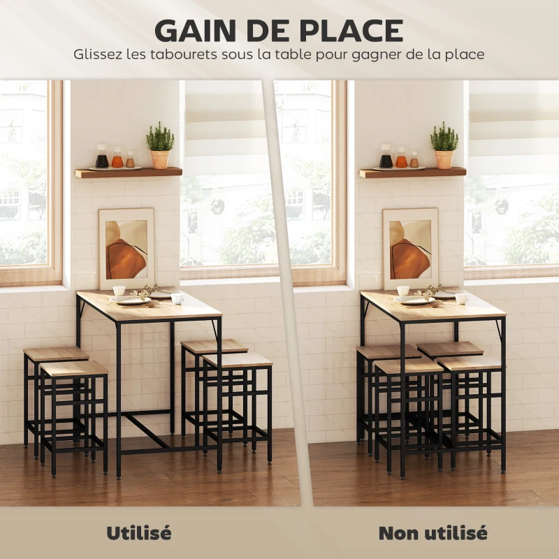 HOMCOM Ensemble Table de Bar Industriel + 4 tabourets Repose-Pieds en Bois couleur Chêne Clair Cadre en métal Noir