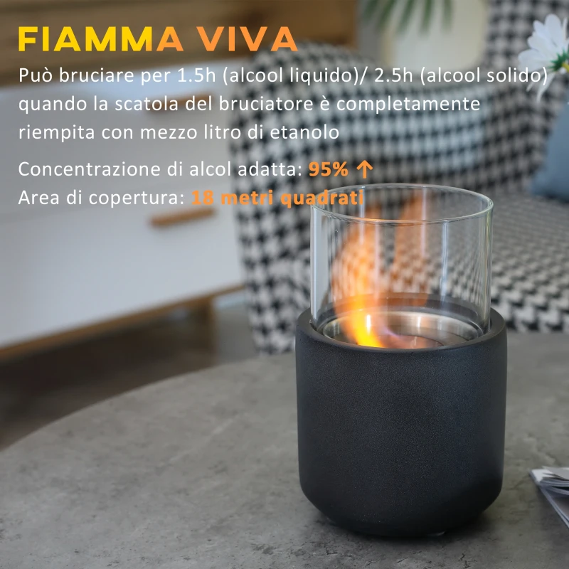 HOMCOM Camino a Bioetanolo da Tavolo con Serbatoio da 0.4L, 12x12x19cm, Grigio Scuro