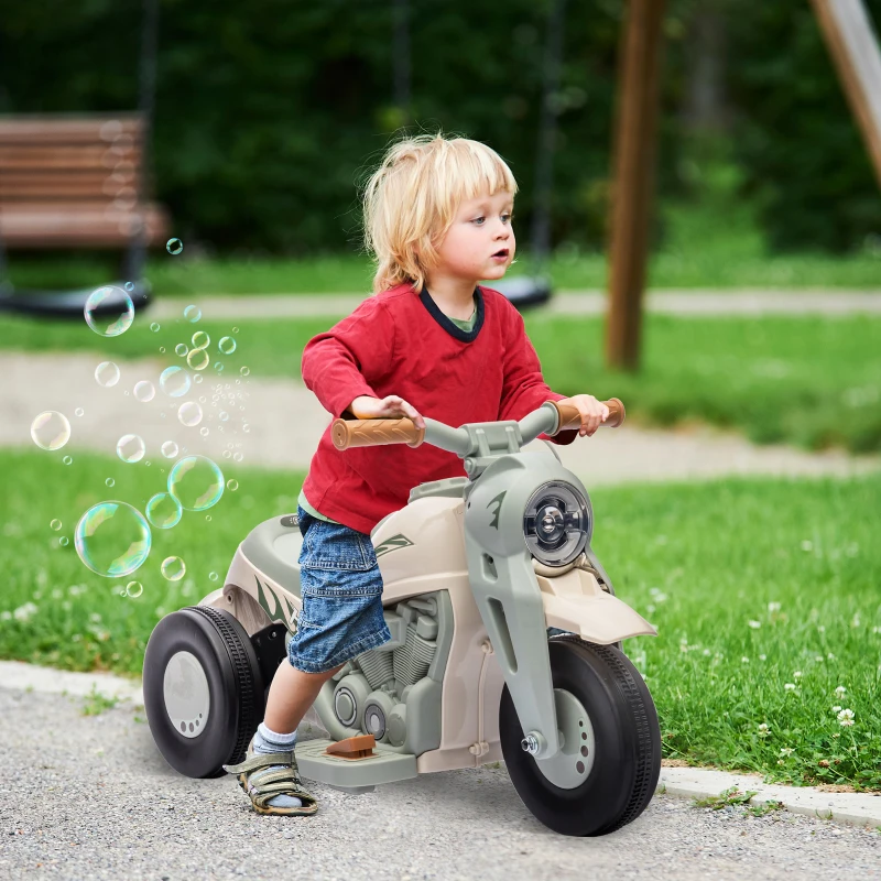 AIYAPLAY Moto électrique enfants 2-5 ans, 3 roues, 6 V, 3 km/h, avec fonction de bulles, effets lumineux et sonores, blanc crème