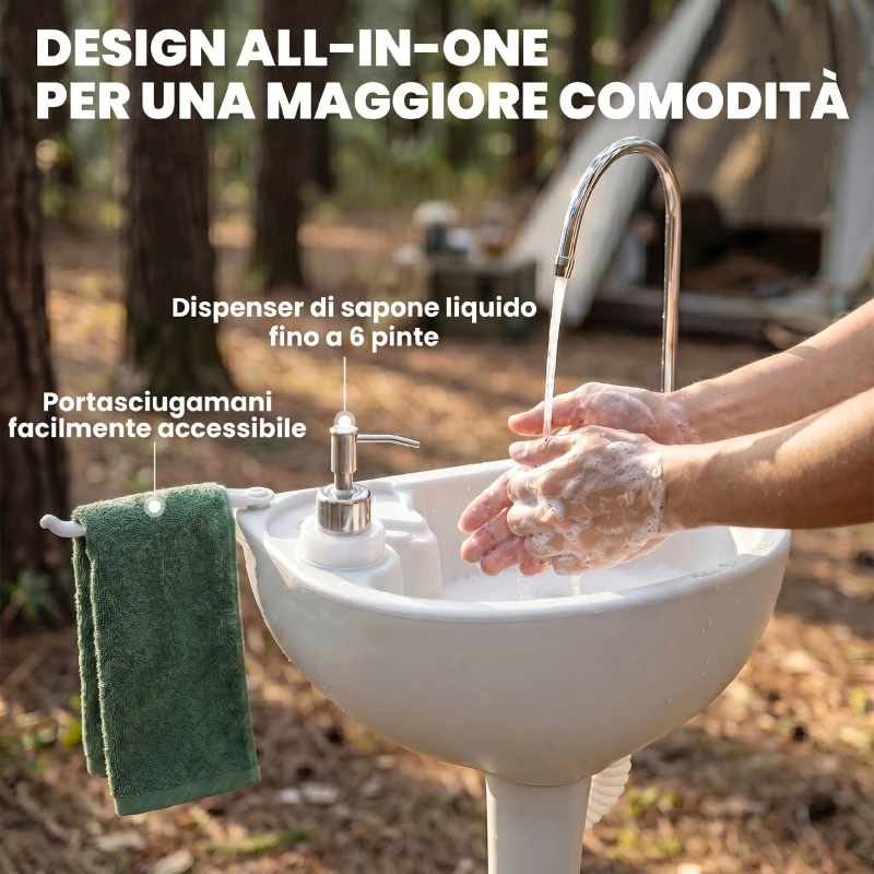 Outsunny Fregadero Portátil Lavamanos para Actividades al Aire Libre o Camping con Tanques de Recuperación de Agua 17 L Dispensador de Jabón Bomba de Pie y 2 Ruedas HDPE 83x50x103 cm Gris Claro