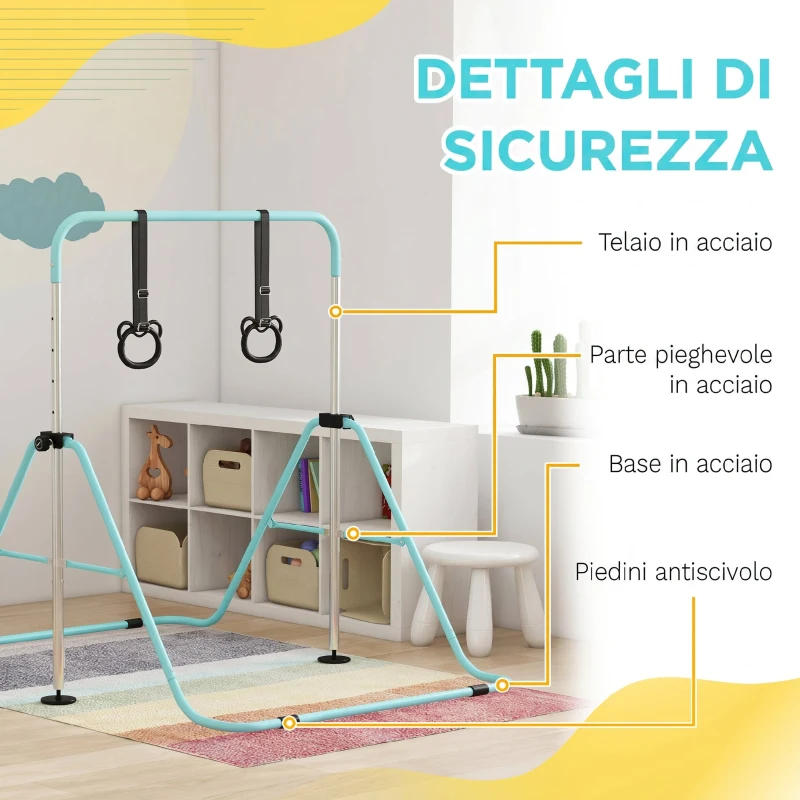 HOMCOM Sbarra Ginnastica Artistica per Bambini ad Altezza Regolabile con 2 Anelli, in Acciaio, Verde Chiaro