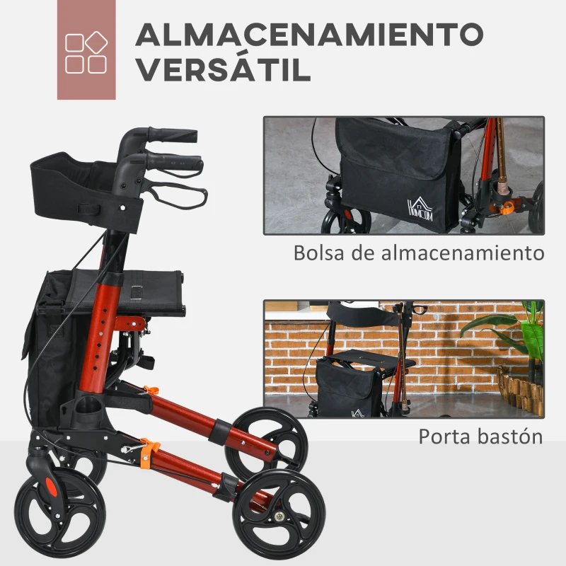 HOMCOM Andador para Ancianos Plegable de Aluminio con Asiento 4 Ruedas Altura Ajustable Frenos de Maneta Rojo y Negro
