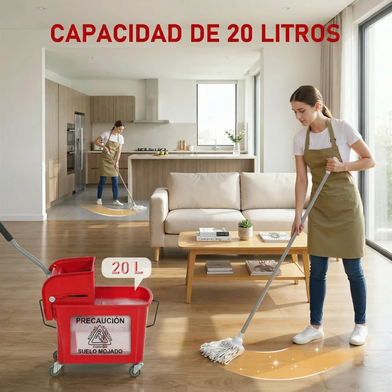 HOMCOM Cubo de Fregar con Escurridor Panel Separador y Ruedas Capacidad 20L para Limpieza Doméstica 45x26,5x70 cm Rojo