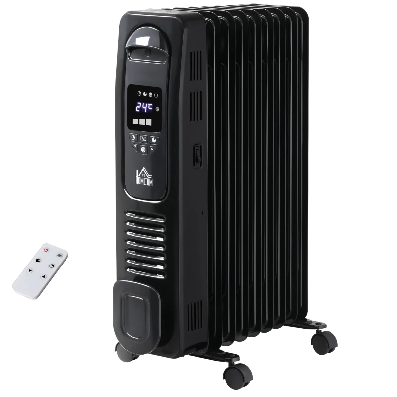 HOMCOM 2000W Digital Oil Filled Radiator, 9 Fin, Portable Electric Heater with LED Display, 24-Hour Timer, 3 Heat Settings, Safety Cut-Off and Remote Control, Black