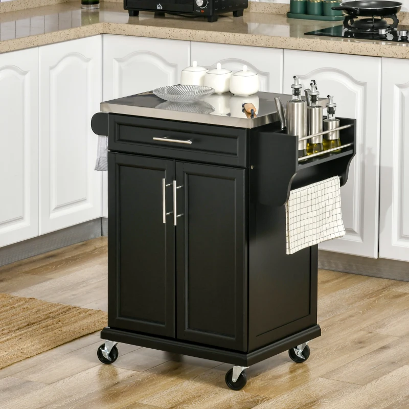 HOMCOM Dessert cuisine desserte à roulettes îlot central cuisine avec plateau en acier inox, étagère réglable, tiroir, porte-épices, porte-couteaux, 83,5 x 45,7 x 90,5 cm, noir