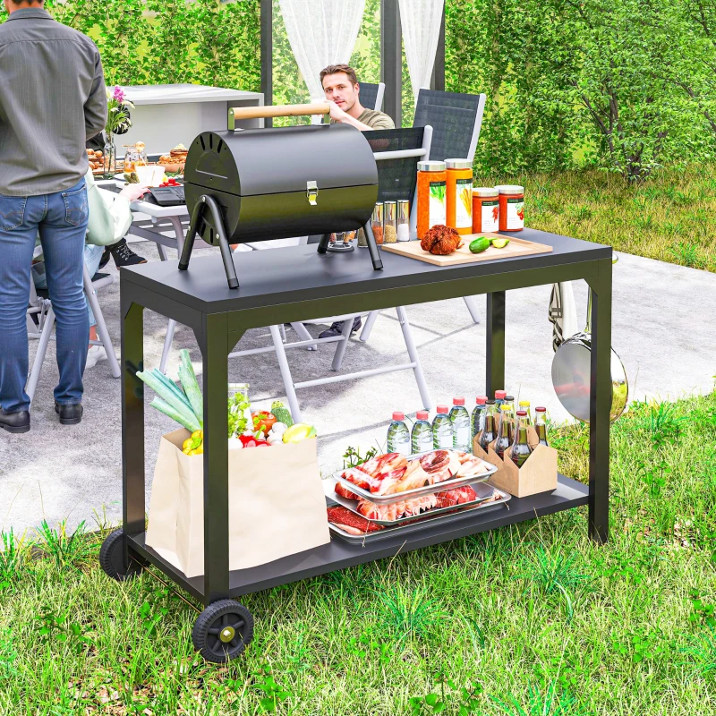 HOMCOM Desserte de jardin en acier chariot de service à roulettes avec plan de travail 135 x 55 x 86,5 cm noir