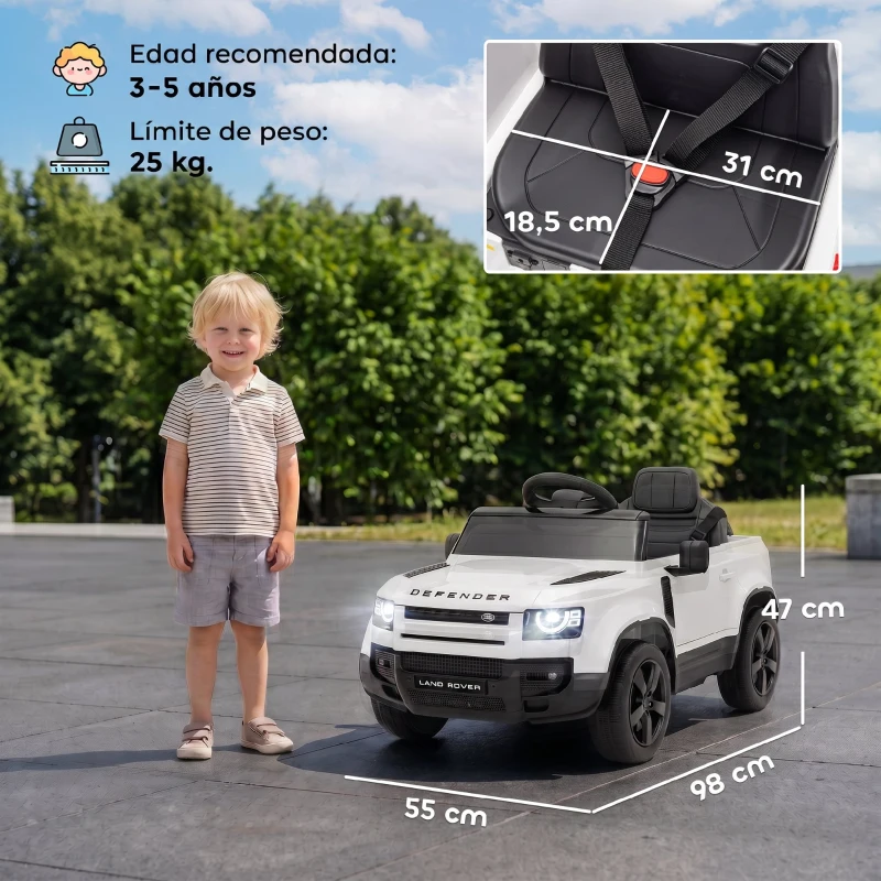 AIYAPLAY Coche Eléctrico SUV para Niños Land Rover Defender 12 V Mando a Distancia Suspensión Arranque Suave 2,7-4,5 km/h Blanco