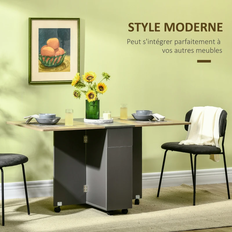 HOMCOM Table de salle à manger pliante sur roulettes avec rangement 2 tiroirs et 1 placard 76 x 140 x 74 cm