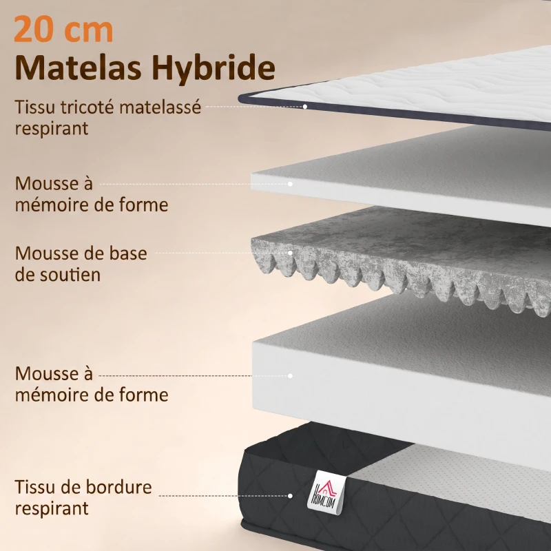 HOMCOM Matelas 160x200cm, matelas 2 personnes, mousse à mémoire de forme, 20cm d'épaisseur, certifié Oeko-Tex, fermeté moyenne