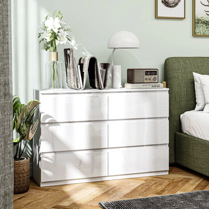 HOMCOM Cassettiera 6 Cassetti in Legno, Comò per Camera da Letto Moderno e Multiuso, 112x34x75 cm, Bianco