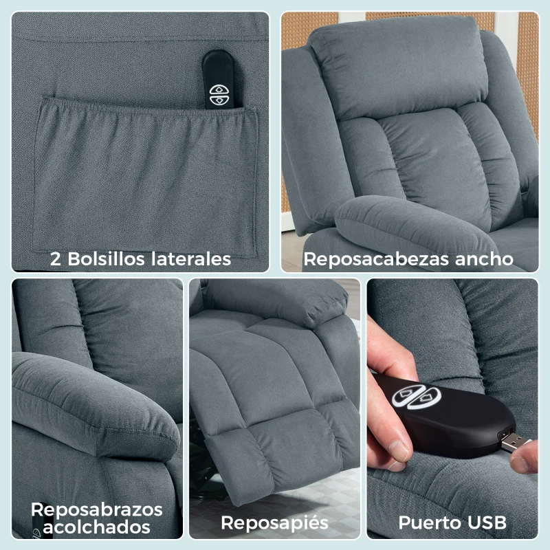 HOMCOM Sillón Relax Reclinable Eléctrico Levanta Personas con Puerto USB Control Remoto Asiento Ancho Reposapiés Gris