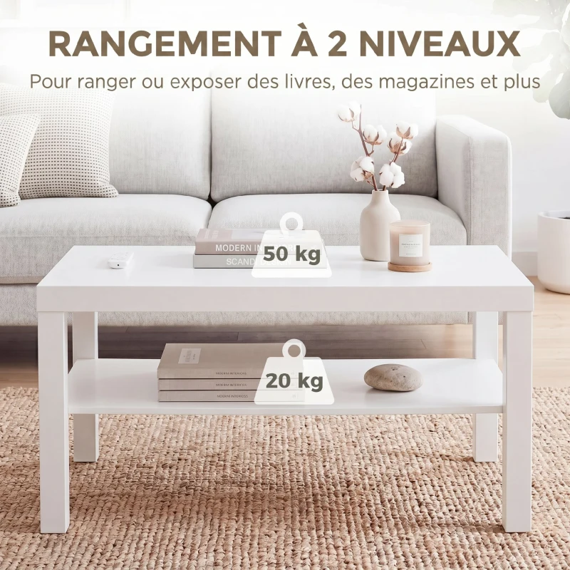 HOMCOM Table basse de salon, table d'appoint rectangulaire à 2 niveaux avec étagère de rangement, 90x45x44,5cm, blanc