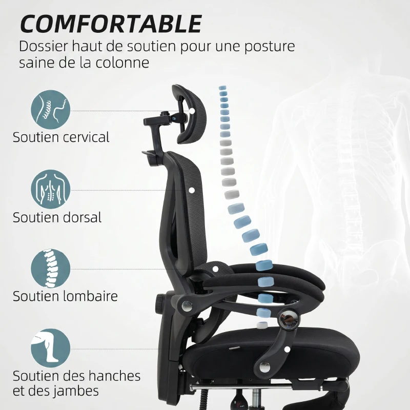 HOMCOM Chaise Bureau Ergonomique avec Appui-Tête Réglable, Fauteuil de Bureau Inclinable en Maille, Dossier Séparé, Noir