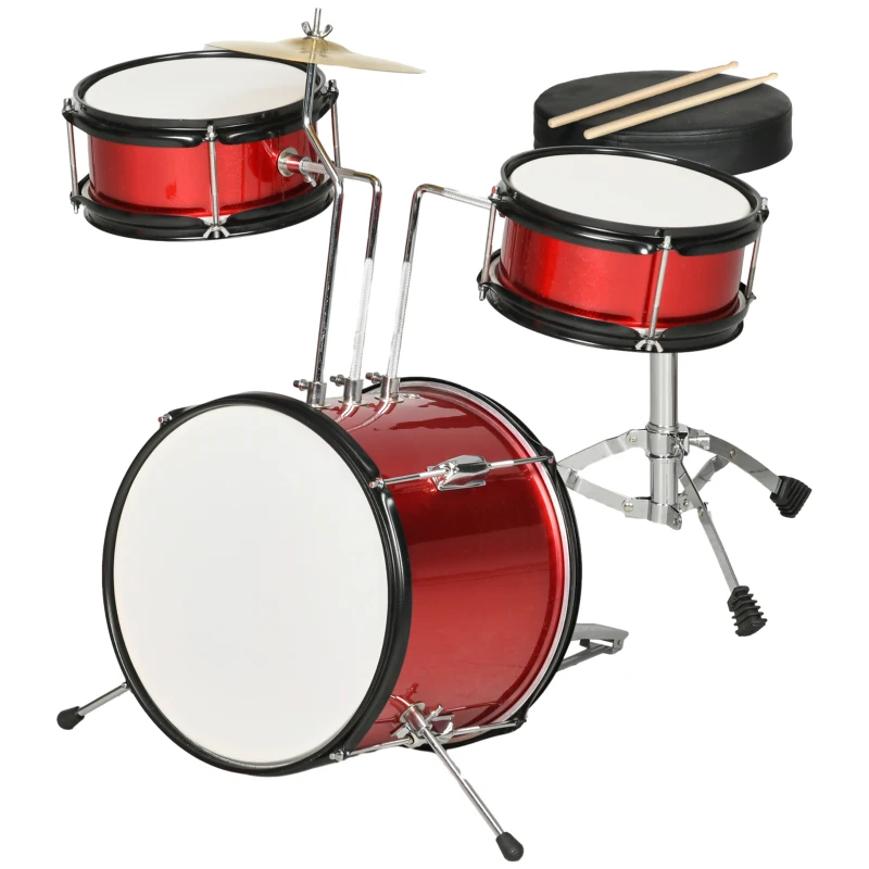 AIYAPLAY Batería para Niños de +3 Años con Taburete Ajustable Tambores Bombo Platillo Pedal y Baquetas 80x60x48-65 cm Rojo