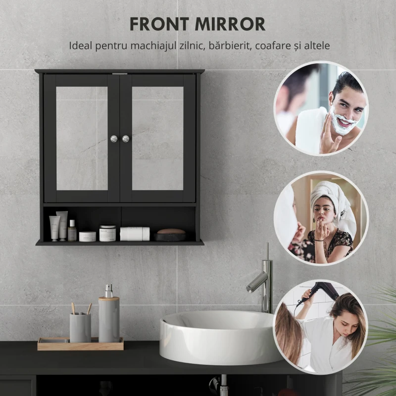 kleankin Dulap de baie cu oglindă Dulap de perete cu 2 uși Raft deschis Raft reglabil 56x13x58cm Negru