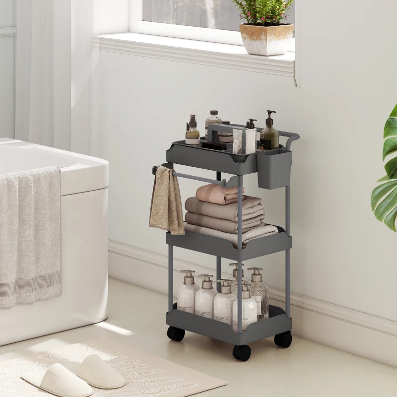 HOMCOM Carrito Auxiliar con Ruedas de 3 Niveles Carrito de Cocina con Cestas Extraíbles y Soporte para Toallas Gris