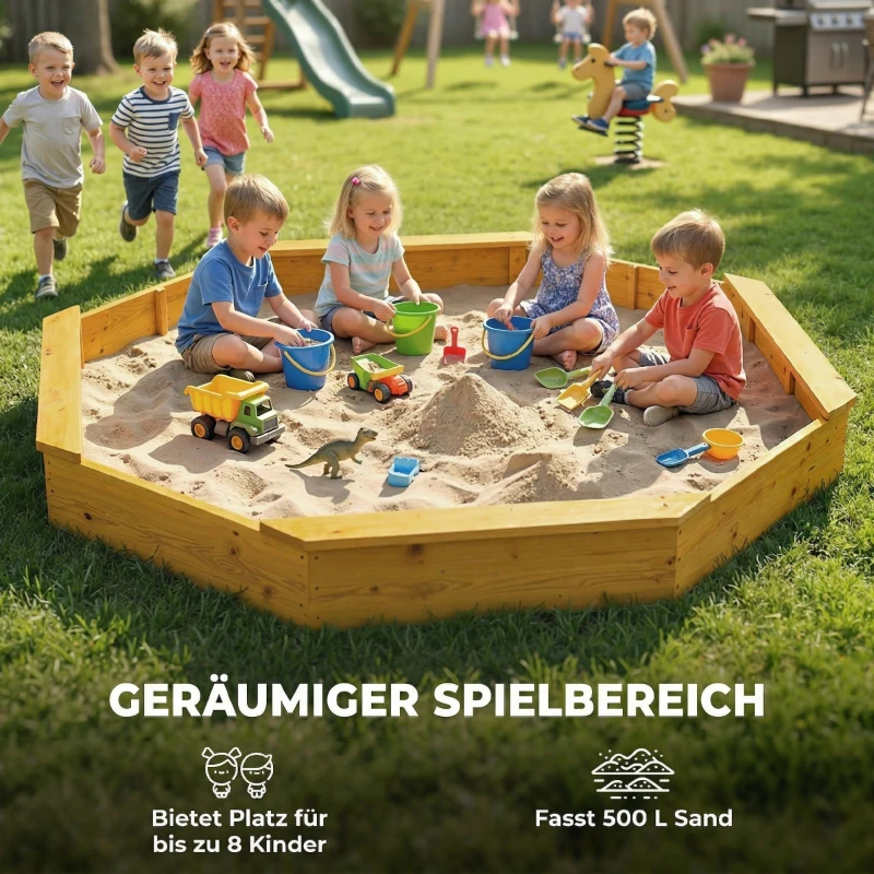 AIYAPLAY Sandkasten mit Dach 4 Sitzbänken Bodenplane für 8 Kinder von 3-8 Jahren für Outdoor Garten Holz 214,5 x 214,5 cm Gelb