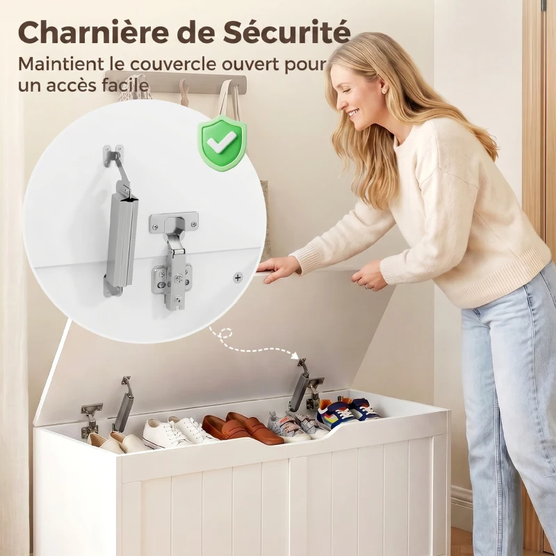 HOMCOM Coffre de Rangement 136 L, Banc Coffre avec 2 Charnières de Sécurité et Design Sans Poignée, 100 x 40 x 45 cm, Blanc