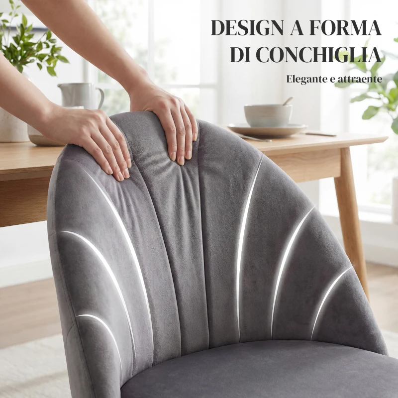 HOMCOM Set da 2 Sedie da Pranzo in Velluto Imbottite con Schienale a Conchiglia e Gambe in Metallo, Grigio