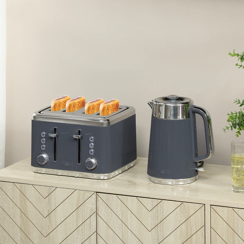HOMCOM Electric Stainless Steel Kettle and Toaster Set, 3000W 1.7L UK Strix Thermostat Fast Boil Kettle w/ Limescale Filter, Cool Touch Body, 4 Slice Toaster with 7 Browning Levels, Crumb Tray, Grey