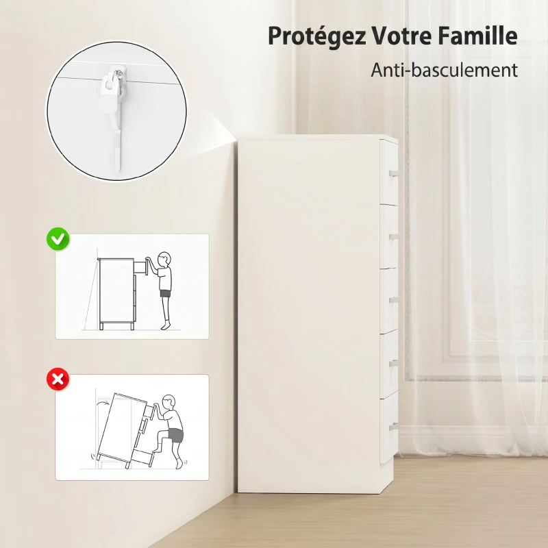 HOMCOM Commode 5 tiroirs, meuble de rangement étroit, style moderne, pour chambre à coucher, salon, couloir, 40x35x85cm, blanc