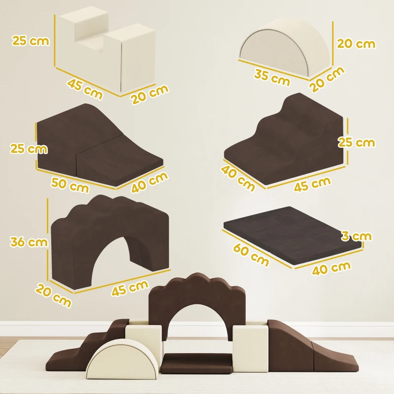 AIYAPLAY 7 Piece Kids Soft Play Set with Detachable Cover, Baby Indoor Climb and Crawl Foam Toy for Toddlers, Brown