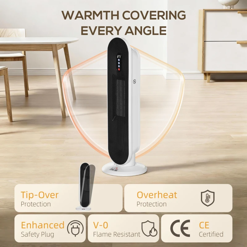 HOMCOM Ceramic Space Heater, Indoor Tower Heater with 2 Heat, Oscillation, Remote Control, Timer, Tip-Over & Overheating Protection, 1200W/2000W, White