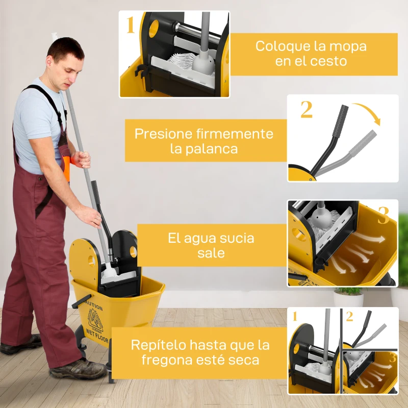 HOMCOM Cubo de Fregona con Ruedas y Escurridor Desmontable de Prensa Capacidad 26L Incluye Fregona y Asa Amarillo